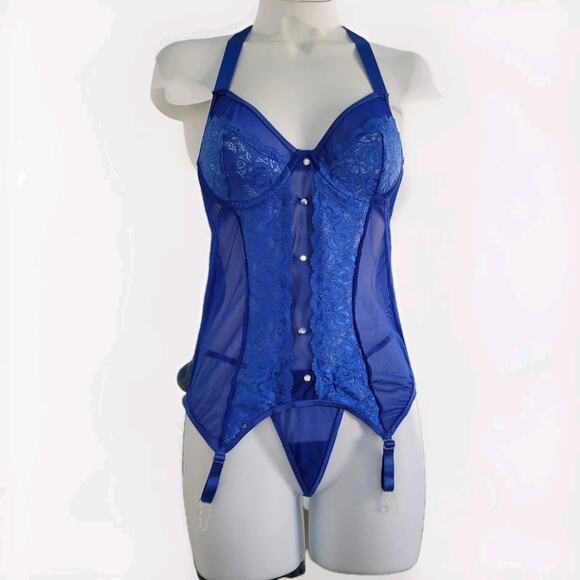 Y2k Escante Bustier Blue Mesh Corset G-String Stockings Set 3PC Coquette MED - Picture 3 of 9